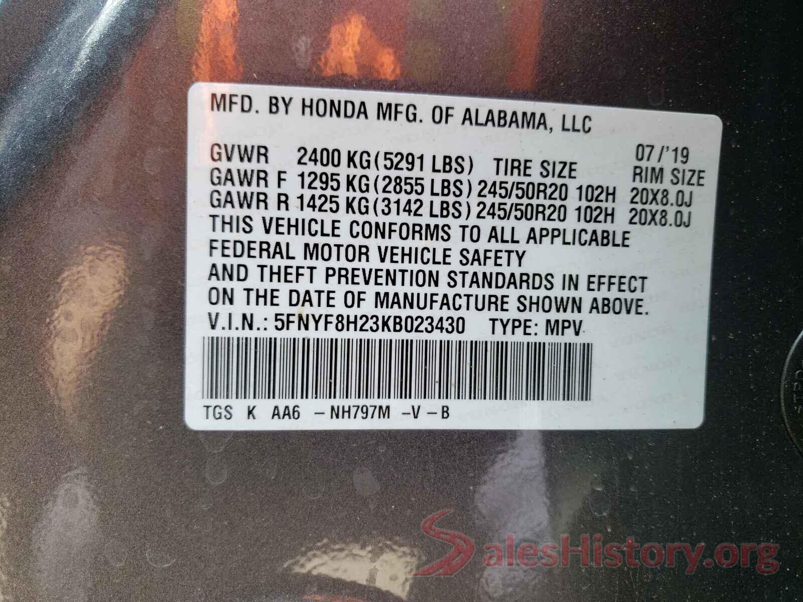 5FNYF8H23KB023430 2019 HONDA PASSPORT