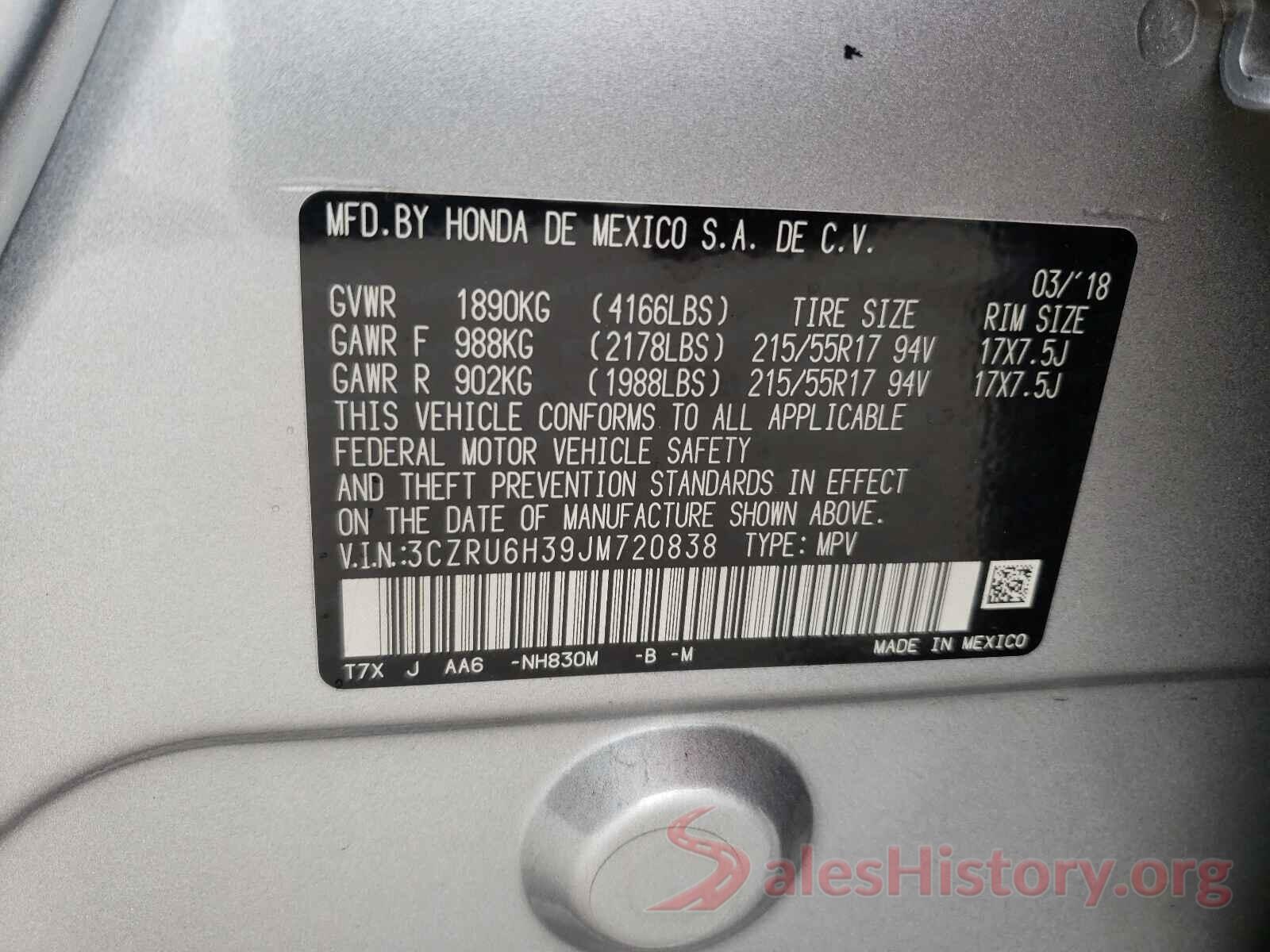 3CZRU6H39JM720838 2018 HONDA HR-V