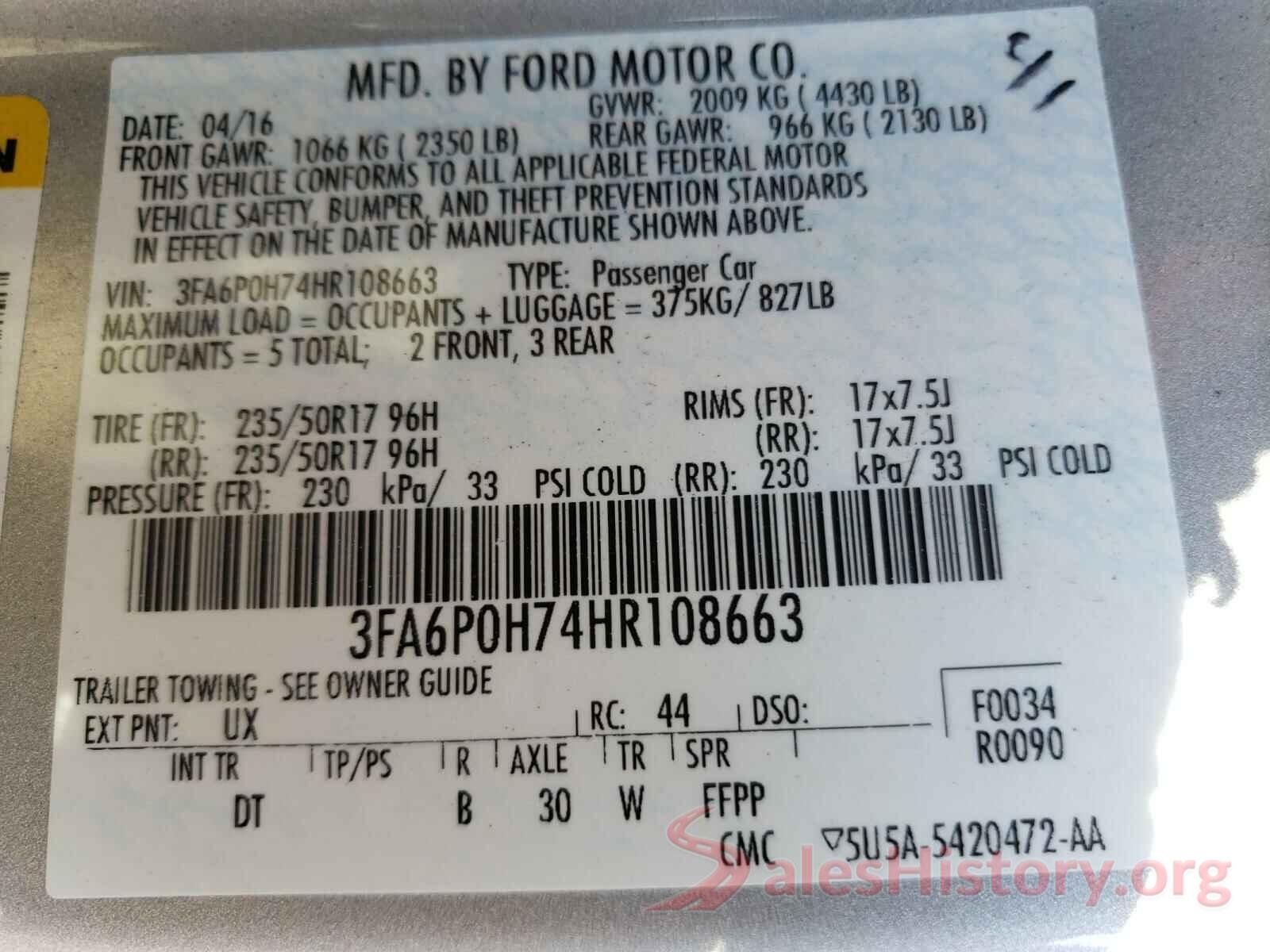 3FA6P0H74HR108663 2017 FORD FUSION