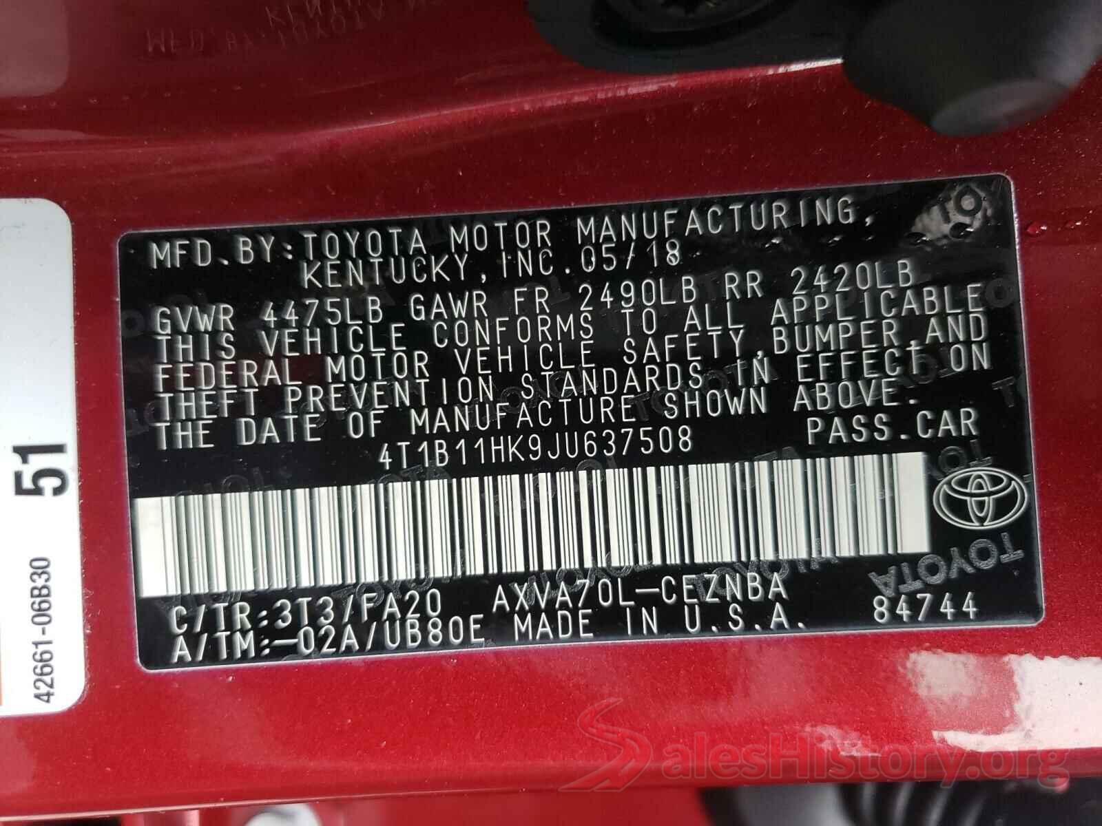 4T1B11HK9JU637508 2018 TOYOTA CAMRY