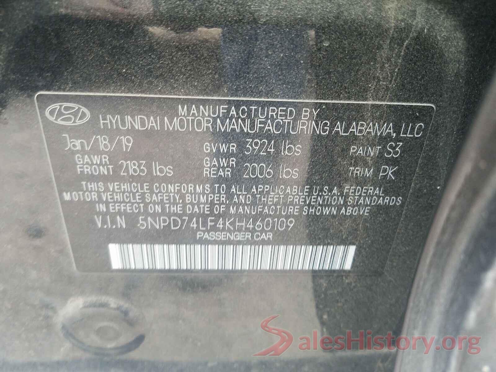 5NPD74LF4KH460109 2019 HYUNDAI ELANTRA