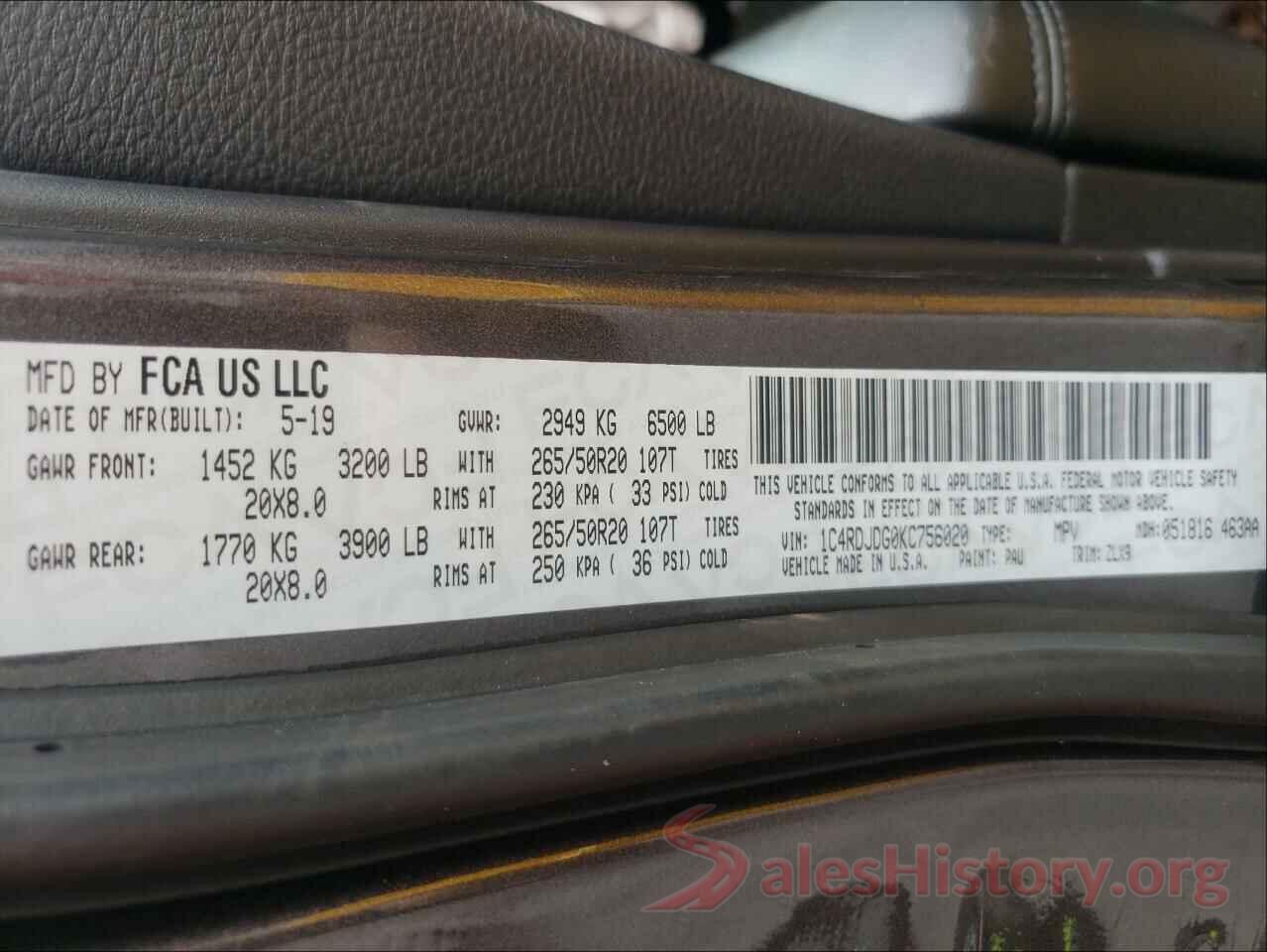 1C4RDJDG0KC756020 2019 DODGE DURANGO