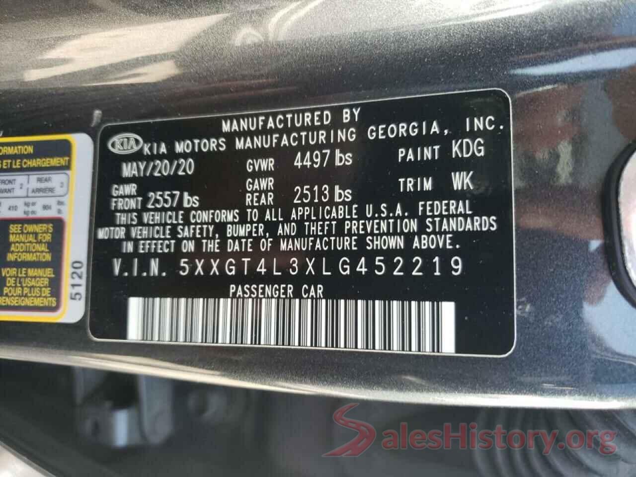 5XXGT4L3XLG452219 2020 KIA OPTIMA