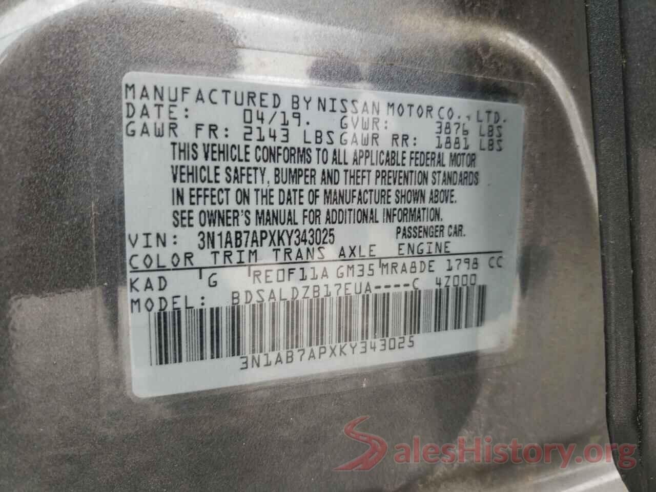 3N1AB7APXKY343025 2019 NISSAN SENTRA