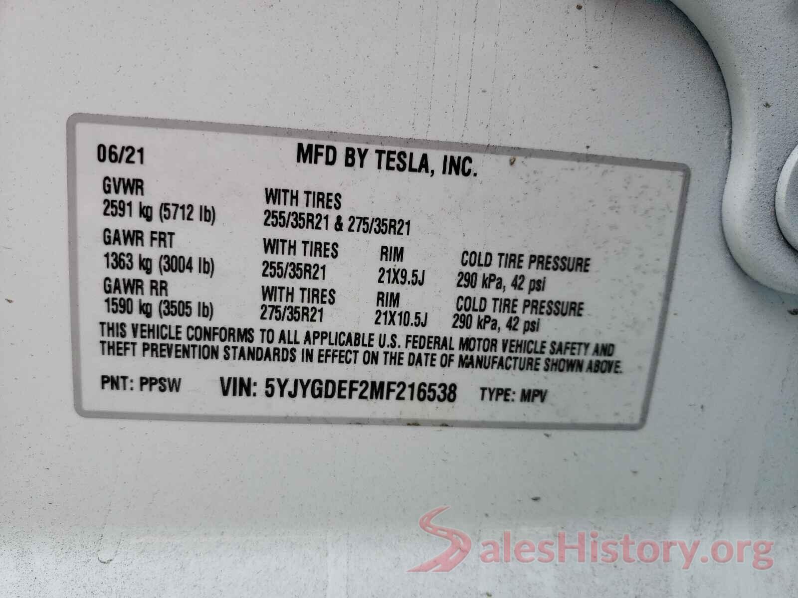 5YJYGDEF2MF216538 2021 TESLA MODEL Y