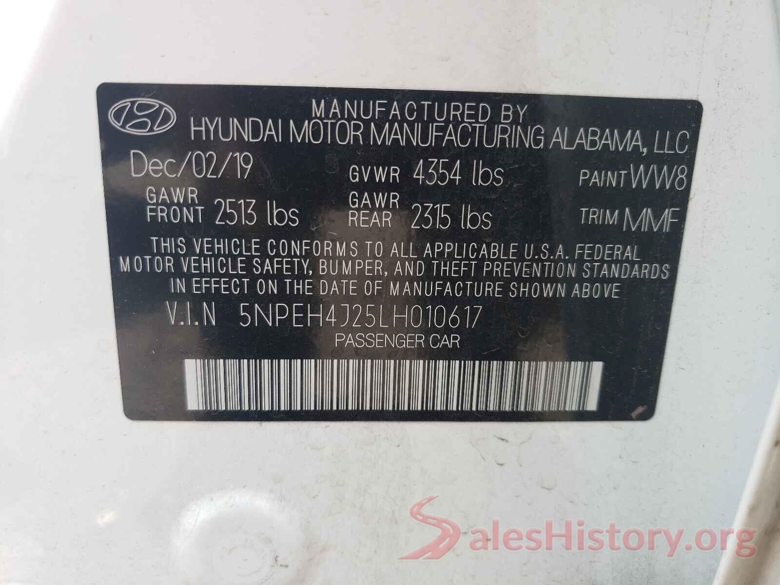 5NPEH4J25LH010617 2020 HYUNDAI SONATA