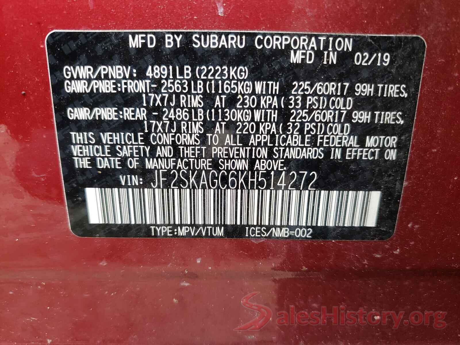 JF2SKAGC6KH514272 2019 SUBARU FORESTER