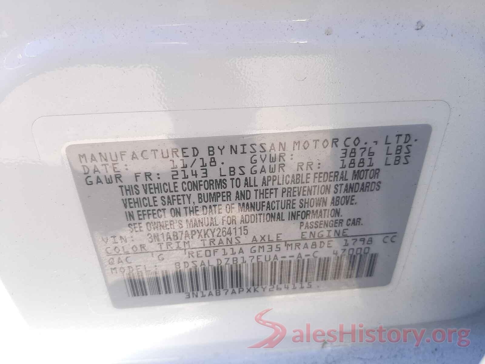 3N1AB7APXKY264115 2019 NISSAN SENTRA