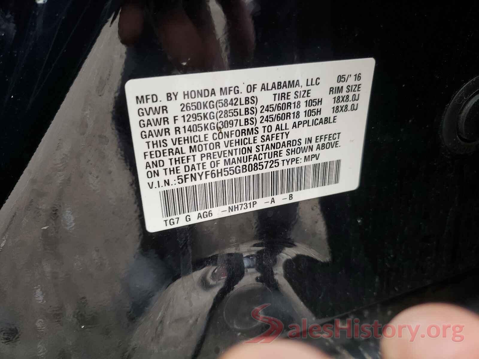 5FNYF6H55GB085725 2016 HONDA PILOT