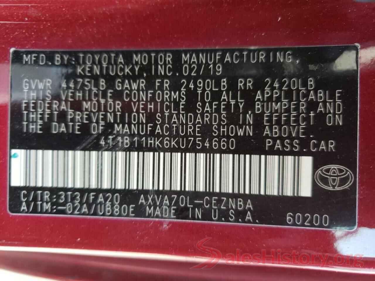 4T1B11HK6KU754660 2019 TOYOTA CAMRY