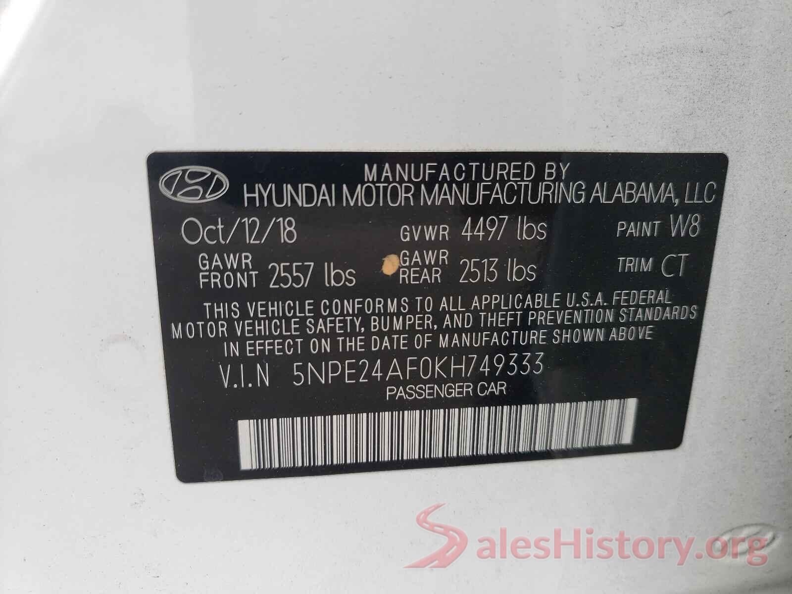 5NPE24AF0KH749333 2019 HYUNDAI SONATA