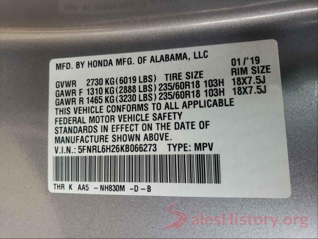 5FNRL6H26KB066273 2019 HONDA ODYSSEY