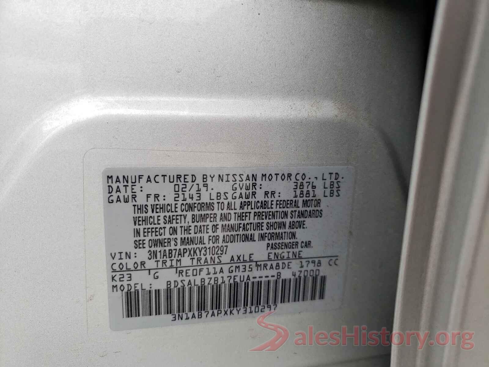 3N1AB7APXKY310297 2019 NISSAN SENTRA