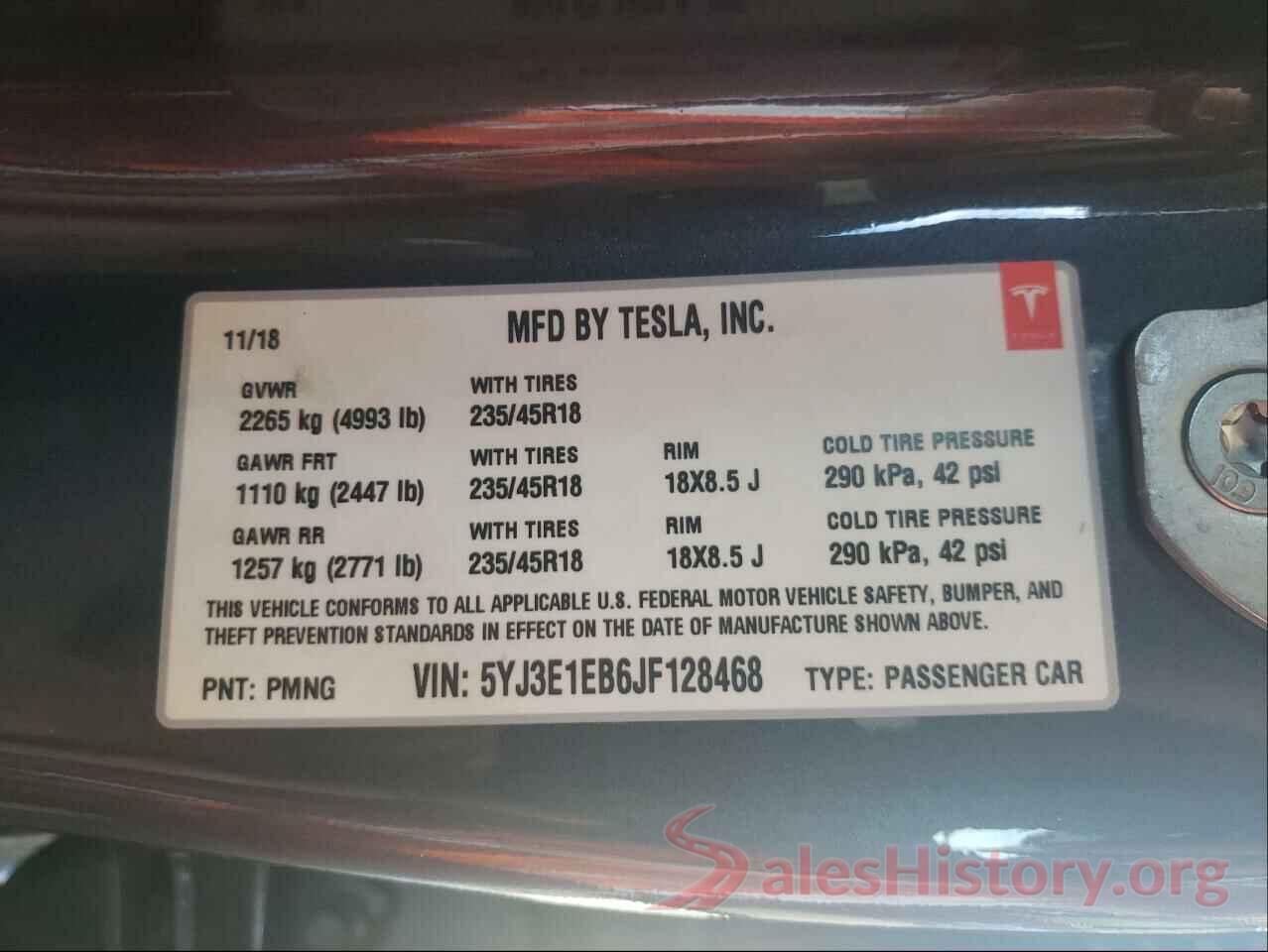 5YJ3E1EB6JF128468 2018 TESLA MODEL 3