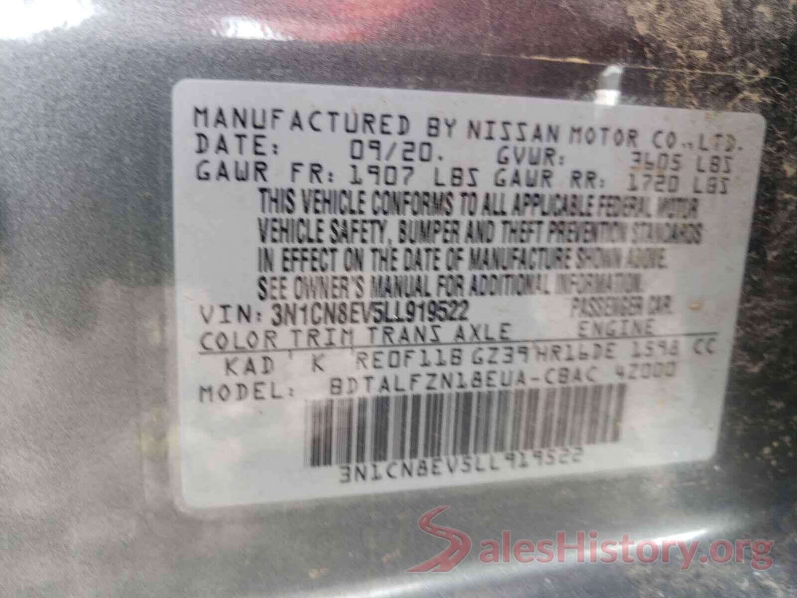 3N1CN8EV5LL919522 2020 NISSAN VERSA