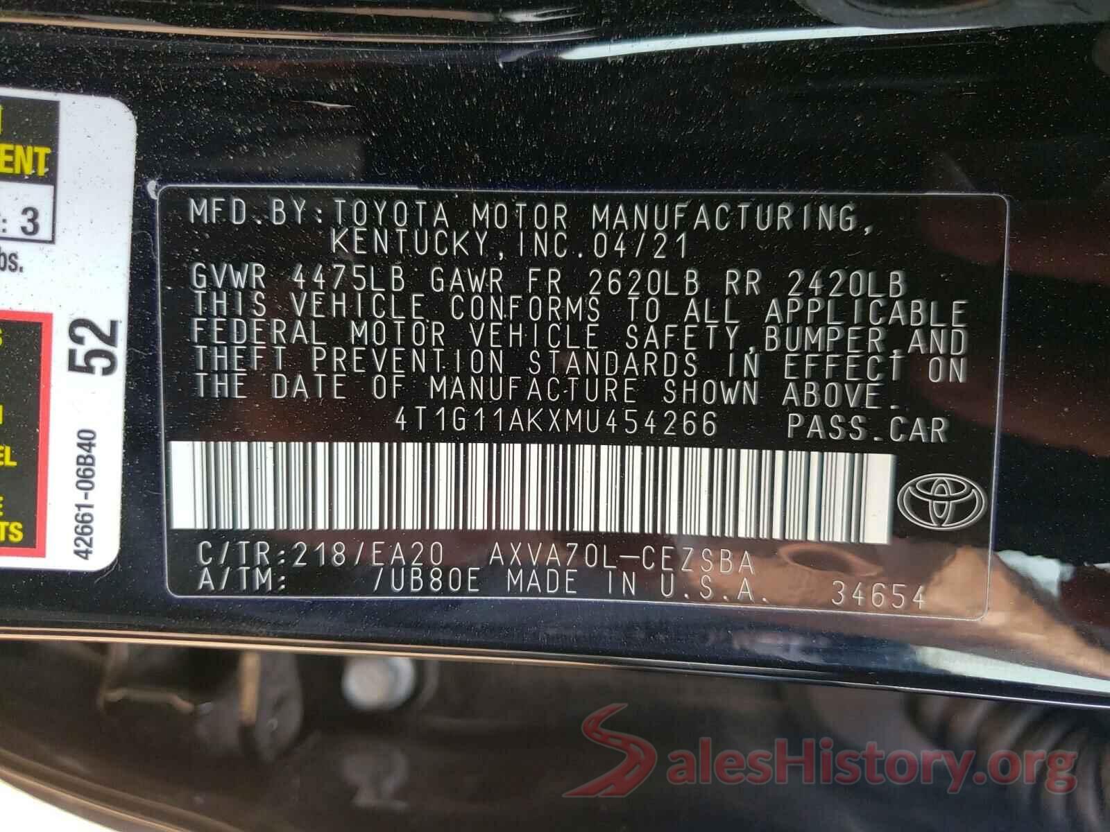 4T1G11AKXMU454266 2021 TOYOTA CAMRY