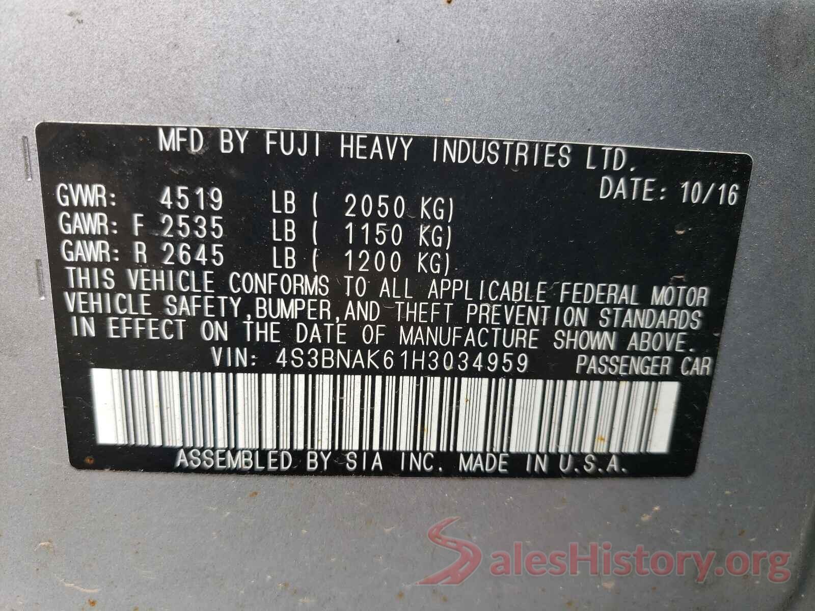 4S3BNAK61H3034959 2017 SUBARU LEGACY