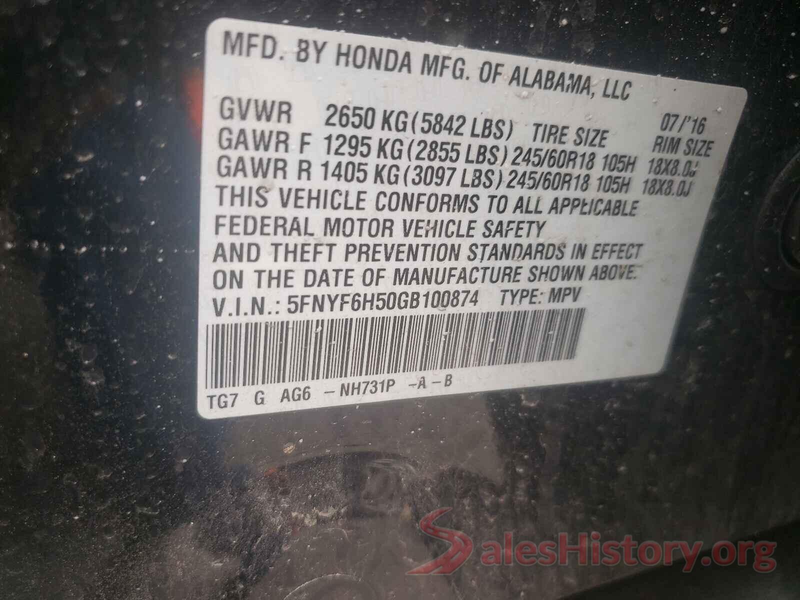 5FNYF6H50GB100874 2016 HONDA PILOT