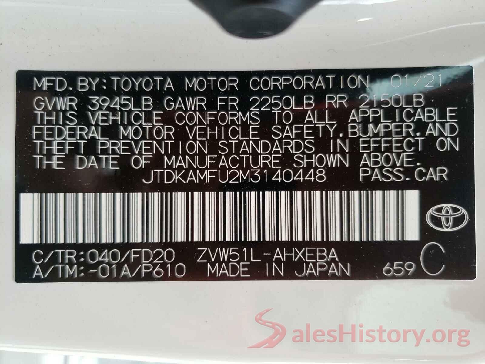 JTDKAMFU2M3140448 2021 TOYOTA PRIUS