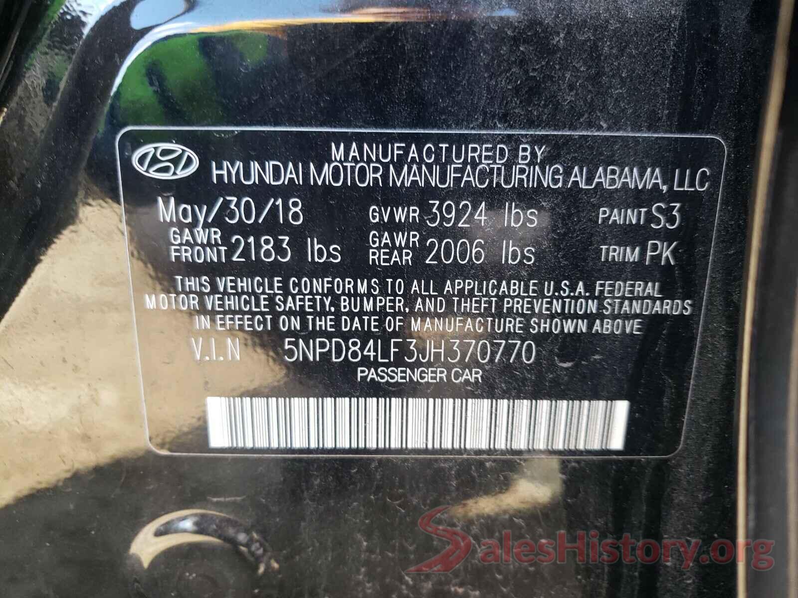 5NPD84LF3JH370770 2018 HYUNDAI ELANTRA