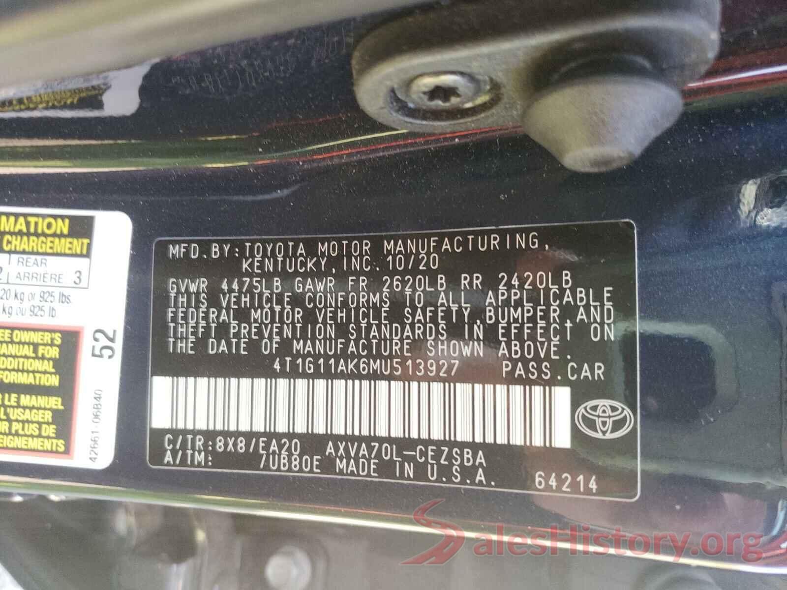 4T1G11AK6MU513927 2021 TOYOTA CAMRY