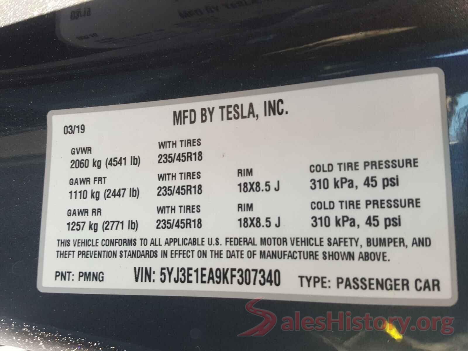 5YJ3E1EA9KF307340 2019 TESLA MODEL 3