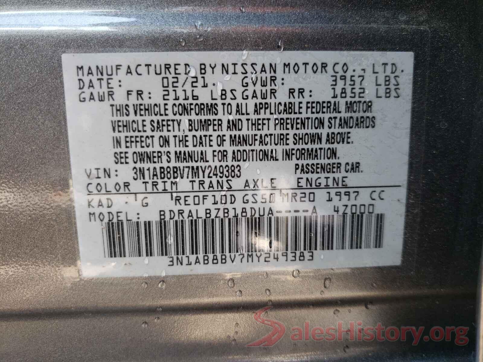 3N1AB8BV7MY249383 2021 NISSAN SENTRA