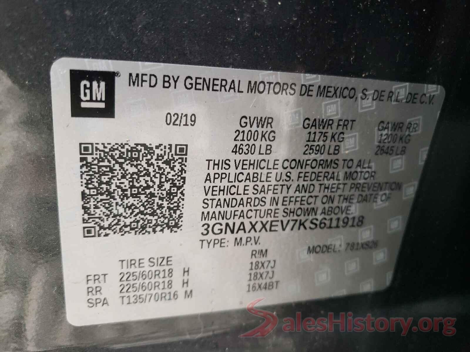 3GNAXXEV7KS611918 2019 CHEVROLET EQUINOX