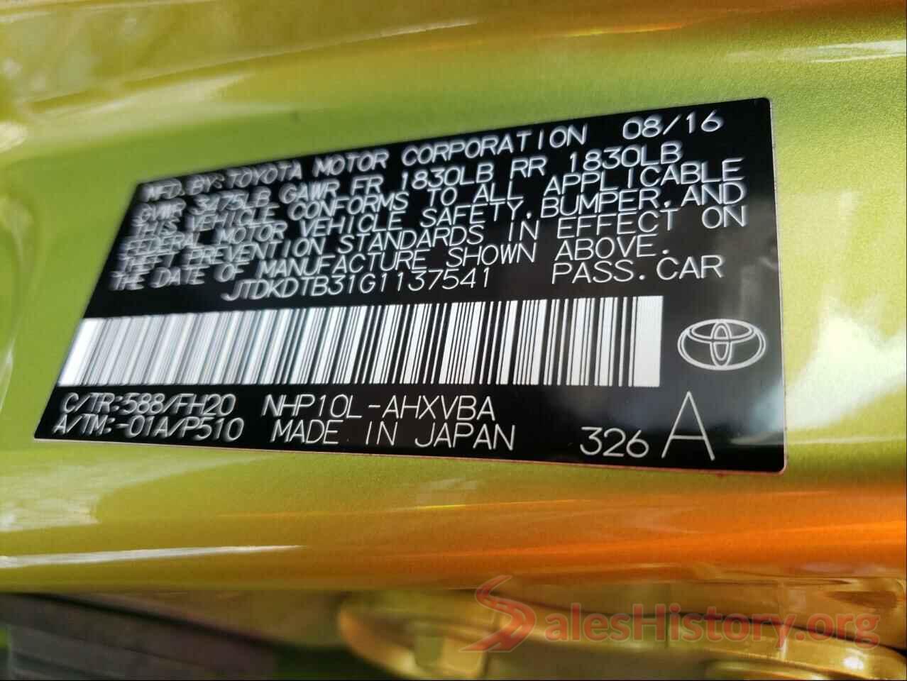 JTDKDTB31G1137541 2016 TOYOTA PRIUS