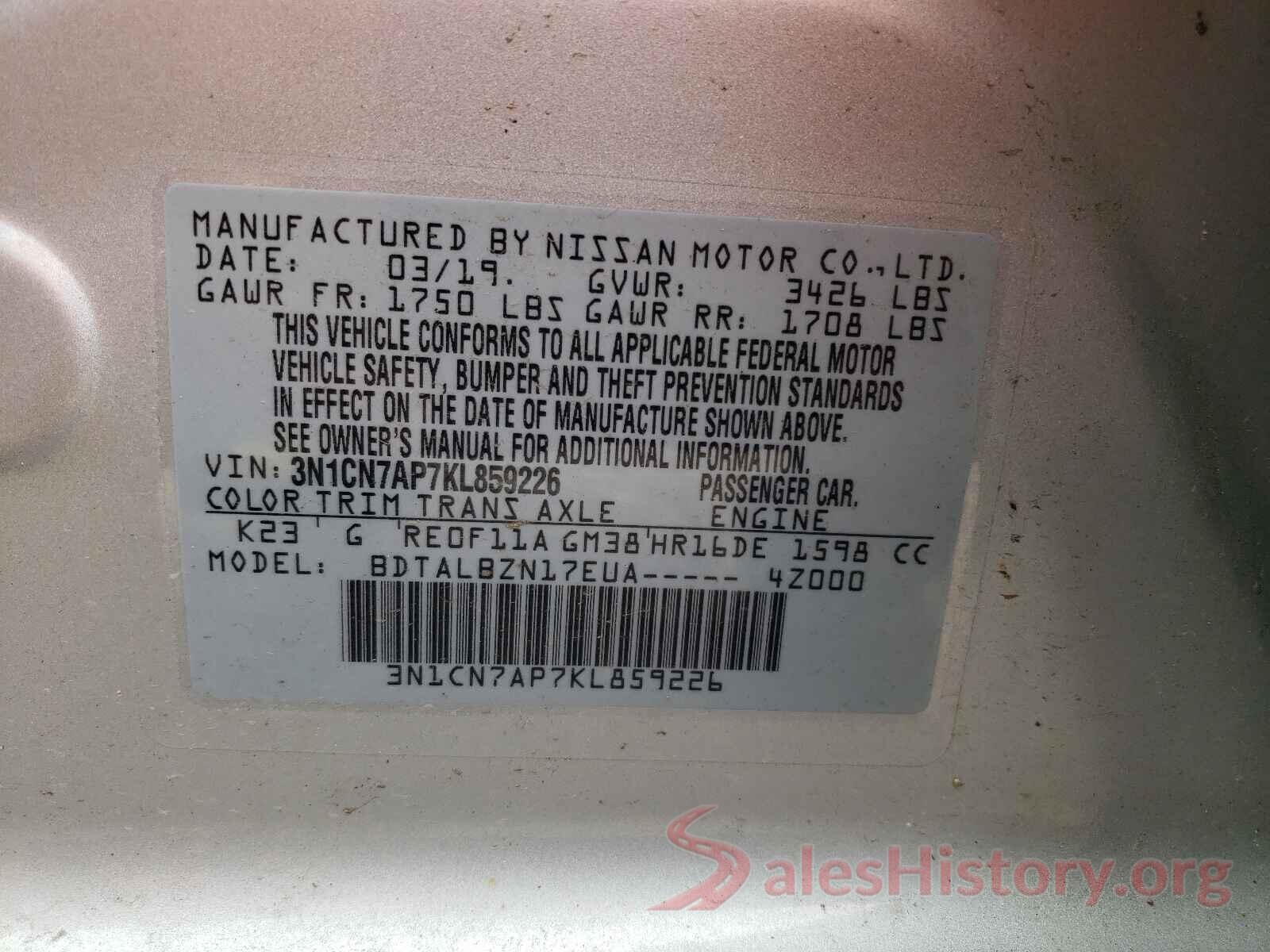 3N1CN7AP7KL859226 2019 NISSAN VERSA