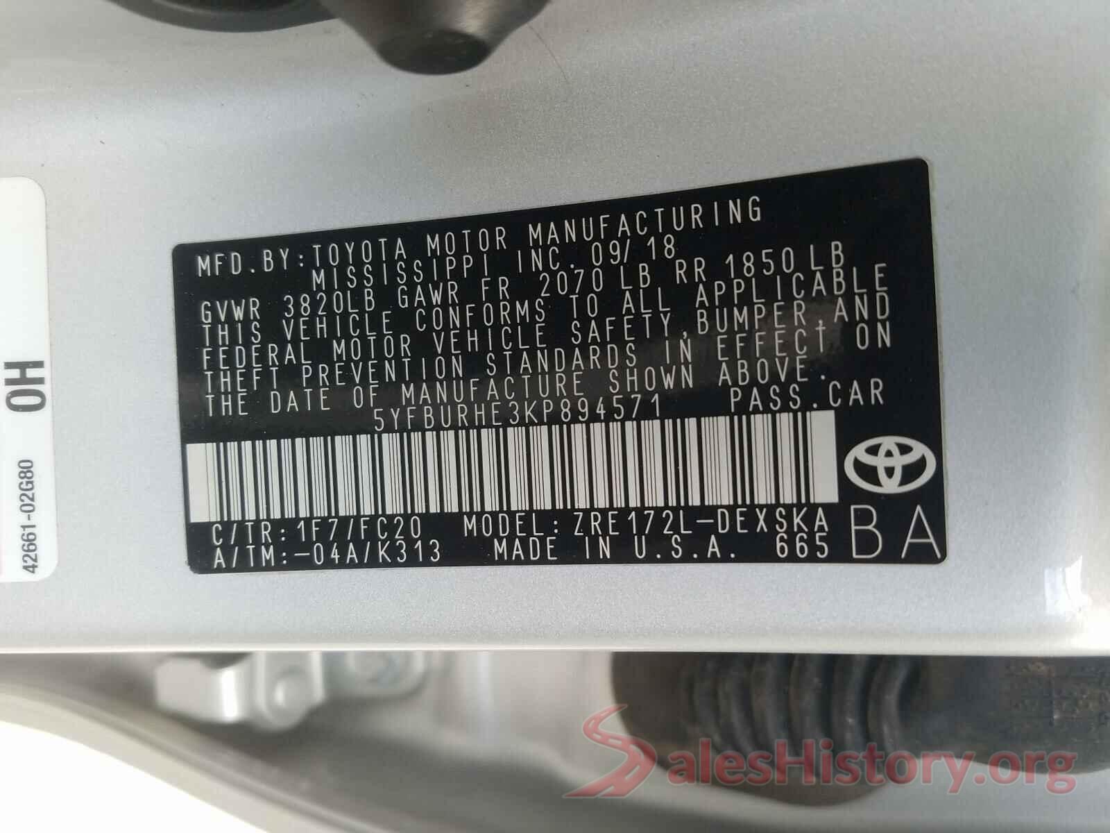 5YFBURHE3KP894571 2019 TOYOTA COROLLA