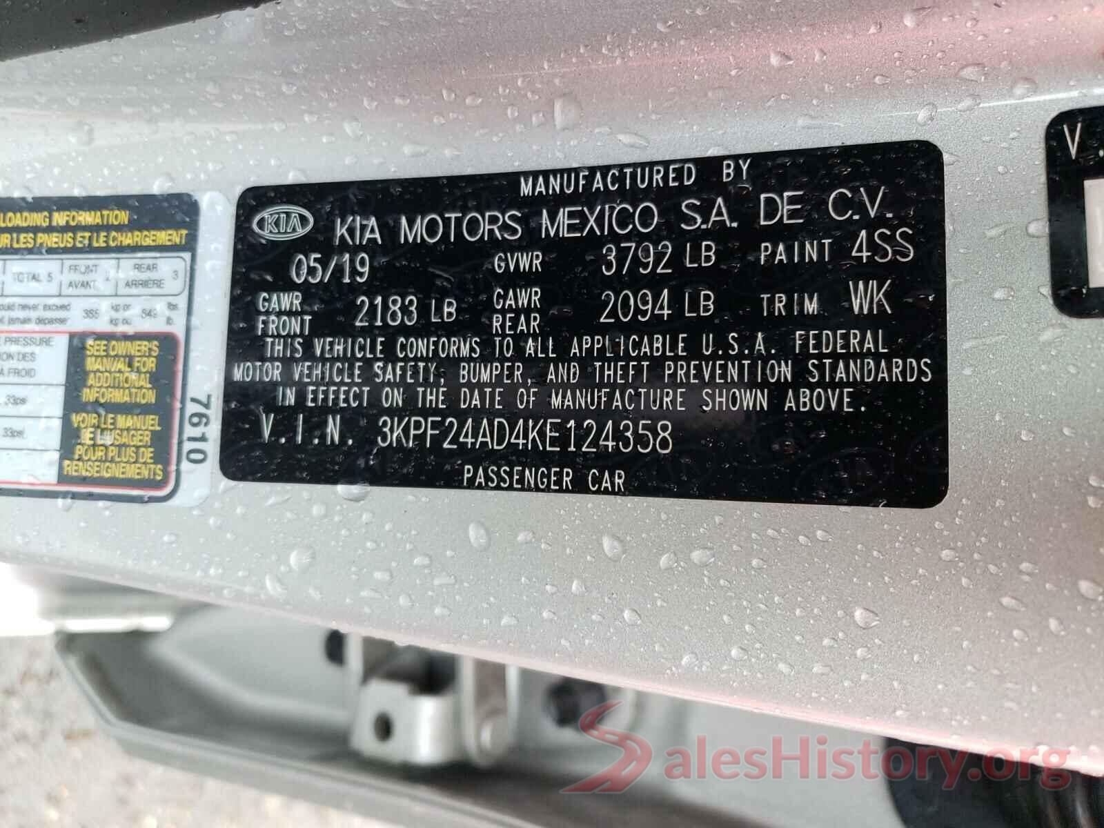 3KPF24AD4KE124358 2019 KIA FORTE