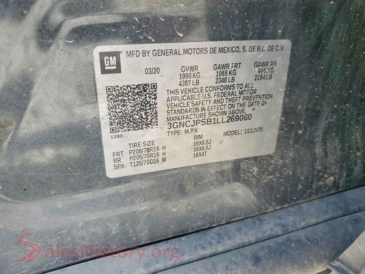 2020 CHEVROLET TRAX VIN 3GNCJPSB1LL269060, trunk area