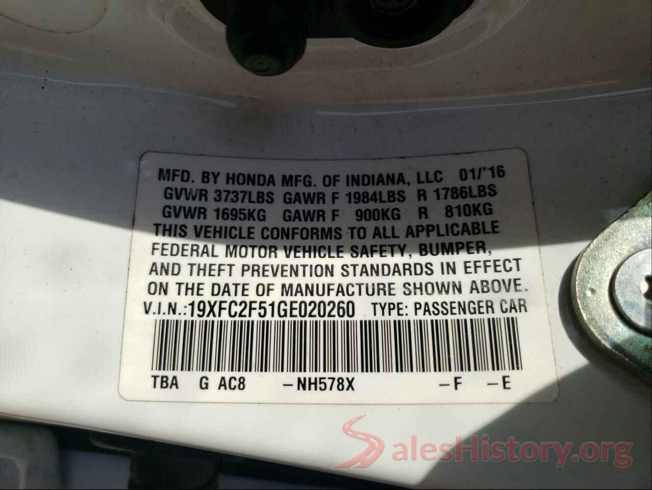 19XFC2F51GE020260 2016 HONDA CIVIC