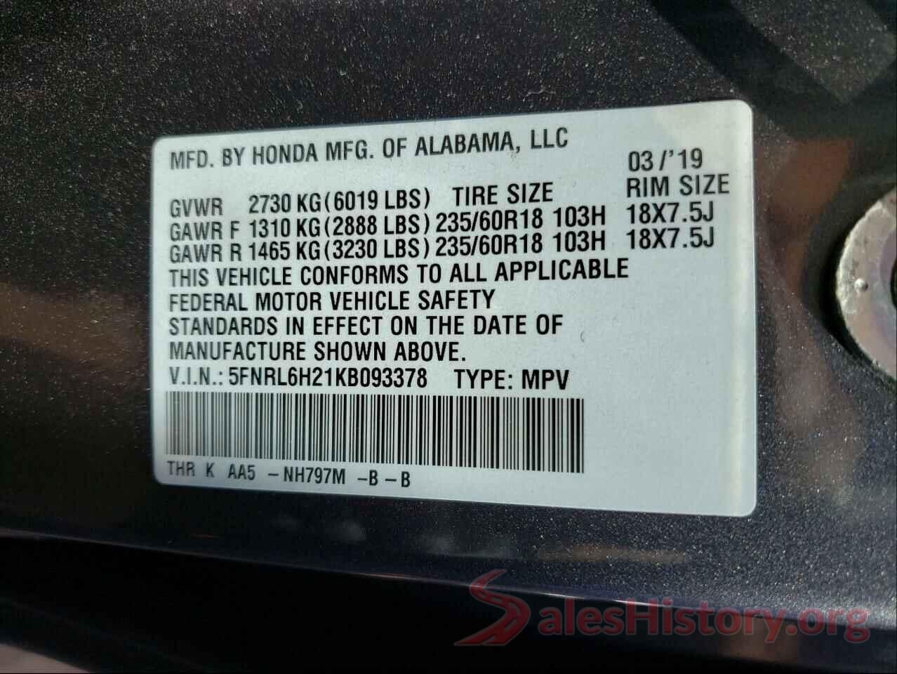 5FNRL6H21KB093378 2019 HONDA ODYSSEY