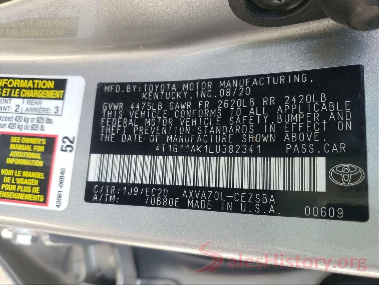 4T1G11AK1LU382341 2020 TOYOTA CAMRY