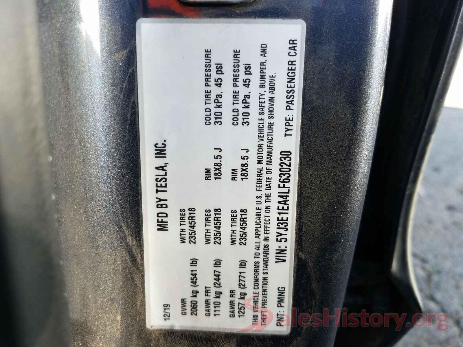 5YJ3E1EA4LF630230 2020 TESLA MODEL 3