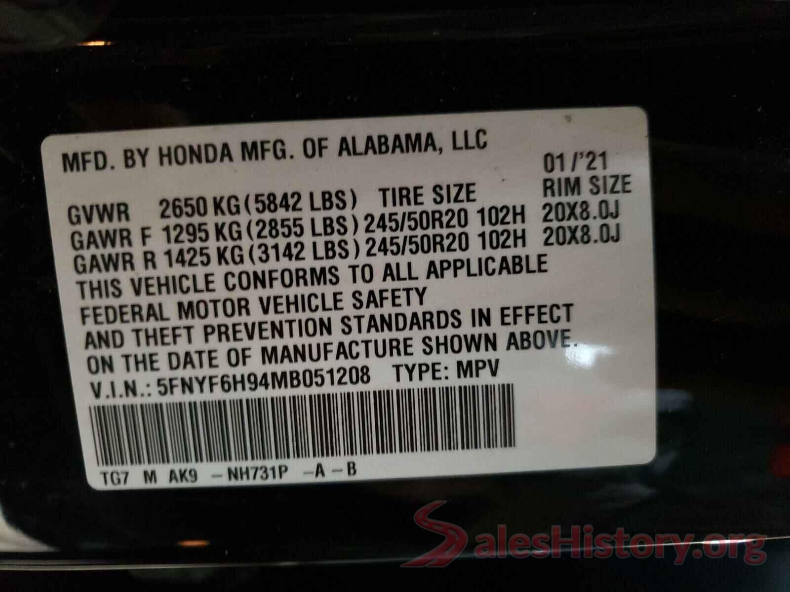 5FNYF6H94MB051208 2021 HONDA PILOT