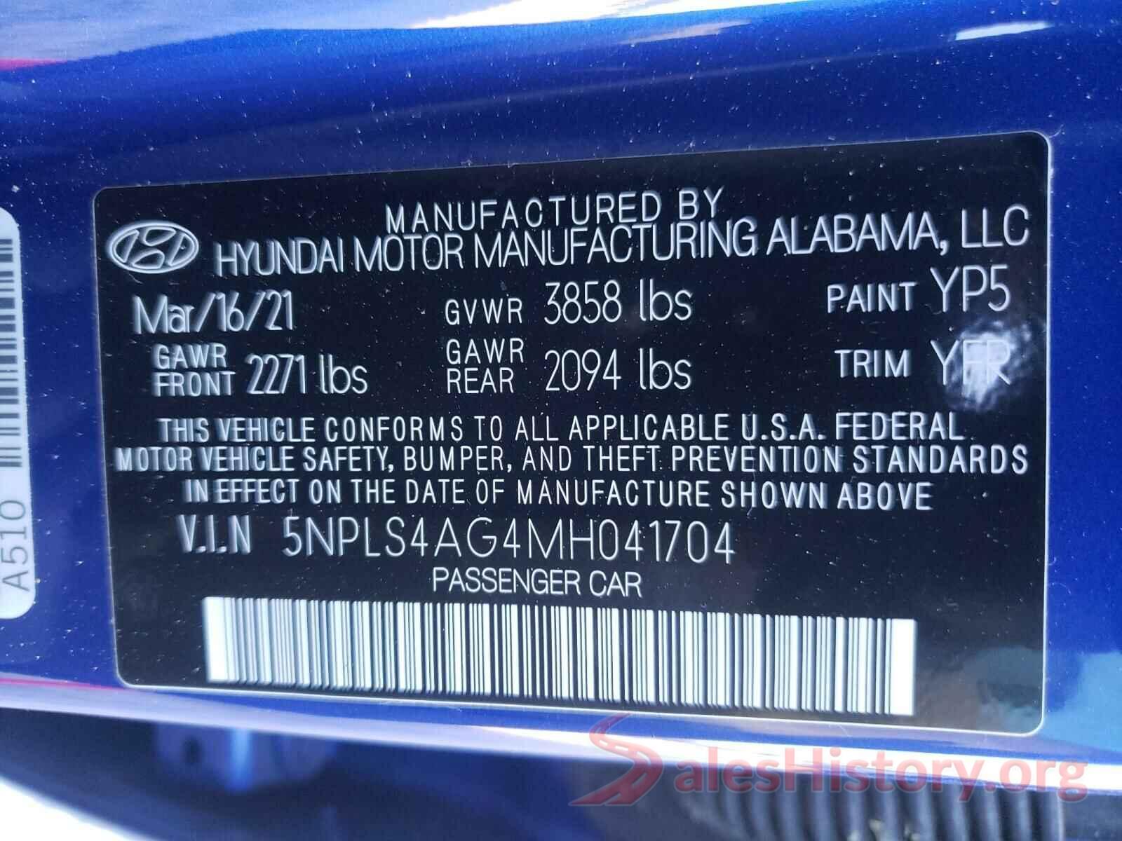 5NPLS4AG4MH041704 2021 HYUNDAI ELANTRA