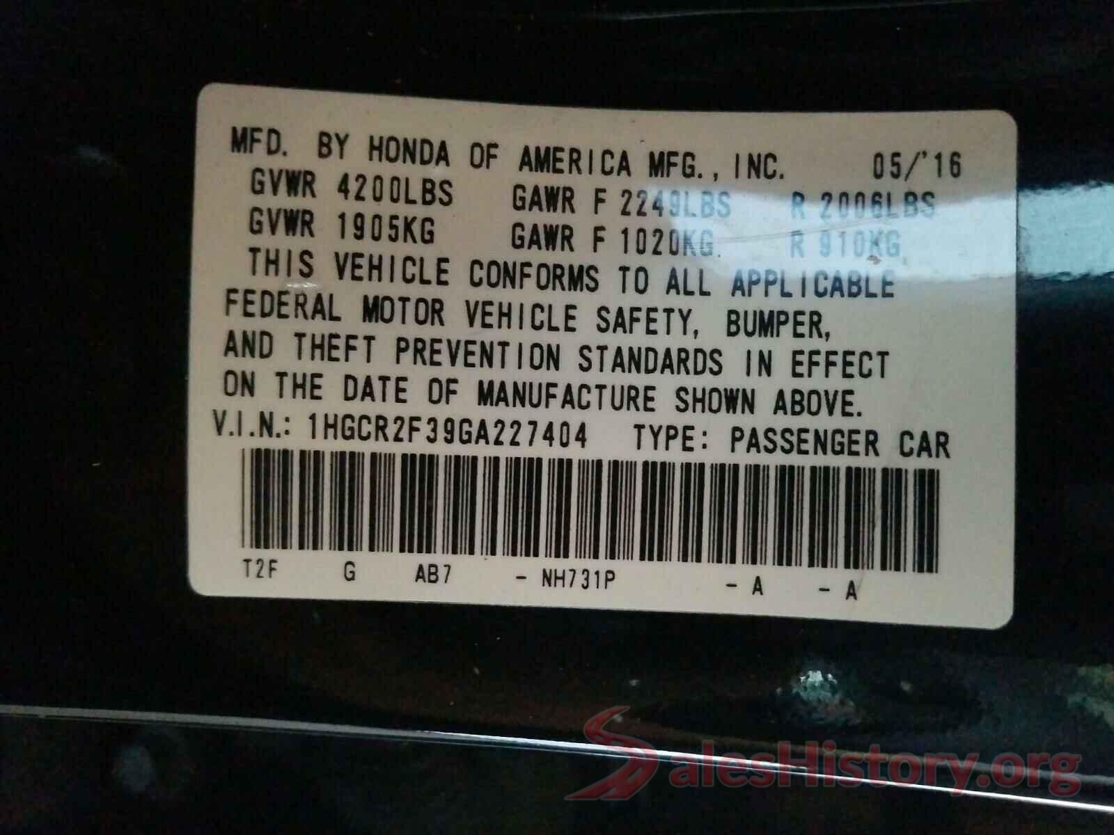 1HGCR2F39GA227404 2016 HONDA ACCORD