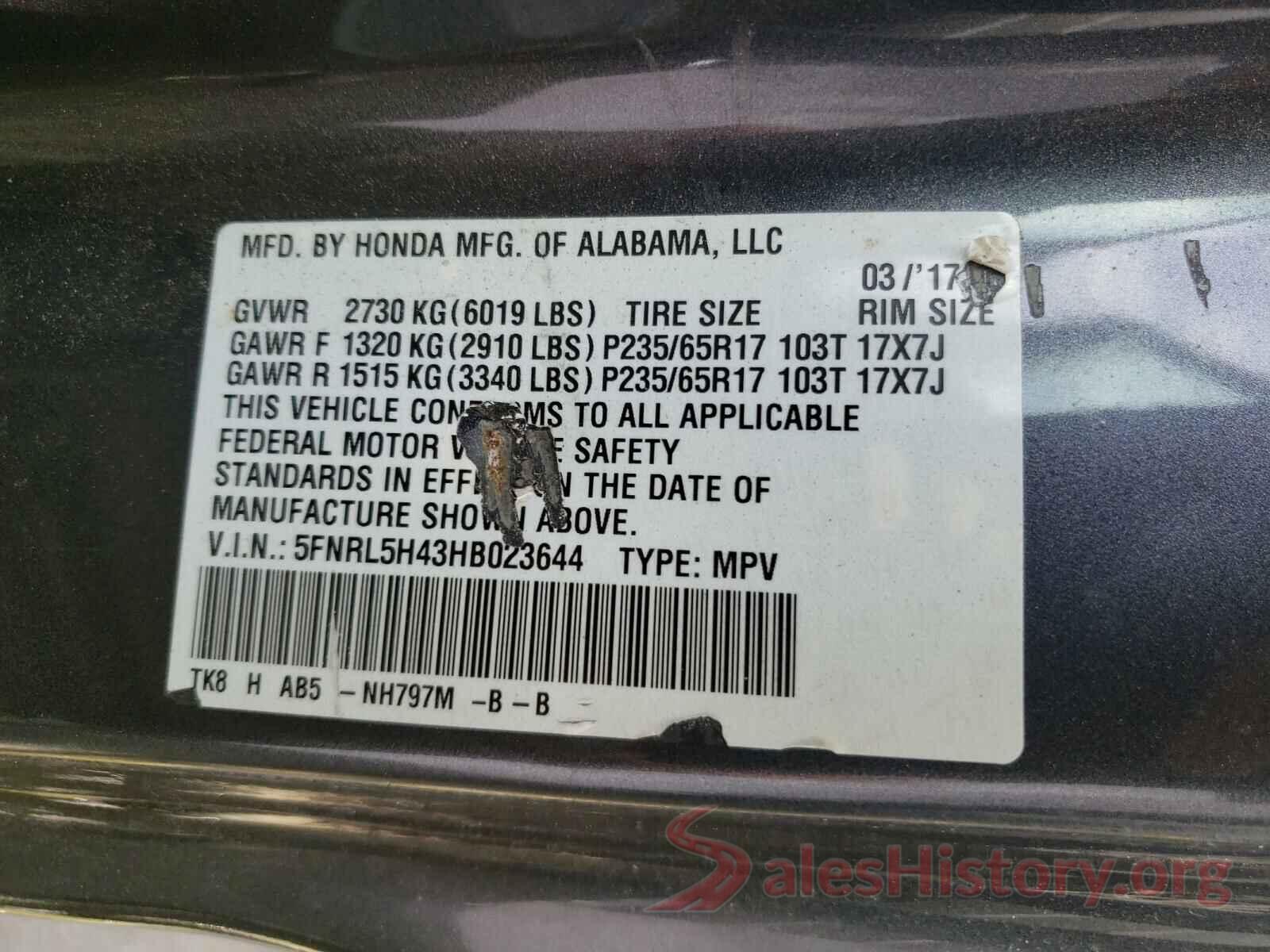 5FNRL5H43HB023644 2017 HONDA ODYSSEY