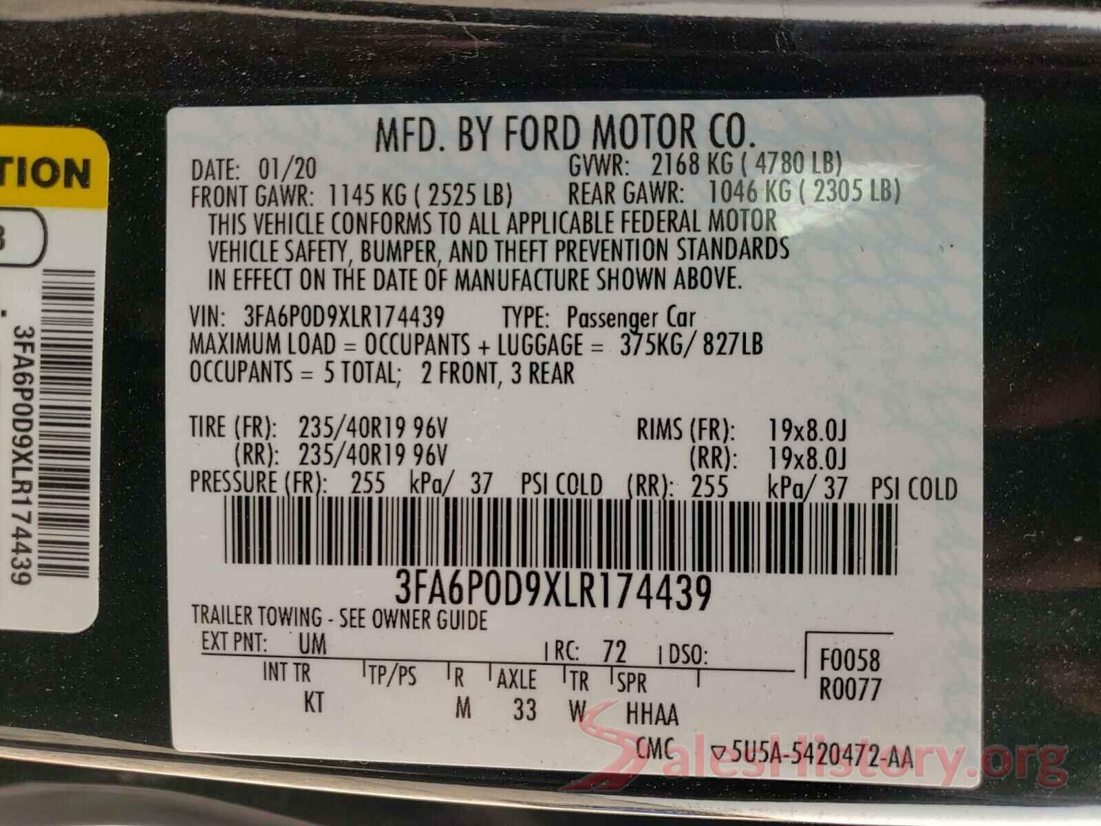 3FA6P0D9XLR174439 2020 FORD FUSION