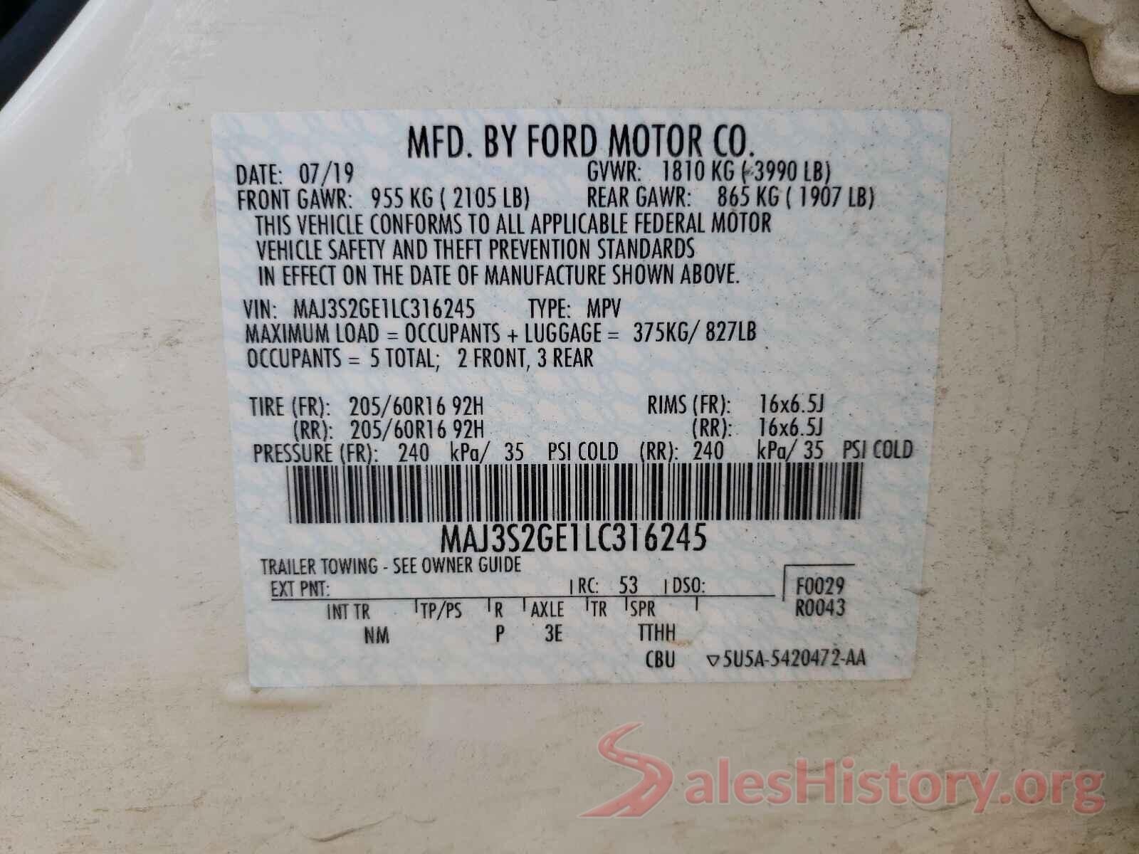 MAJ3S2GE1LC316245 2020 FORD ALL OTHER