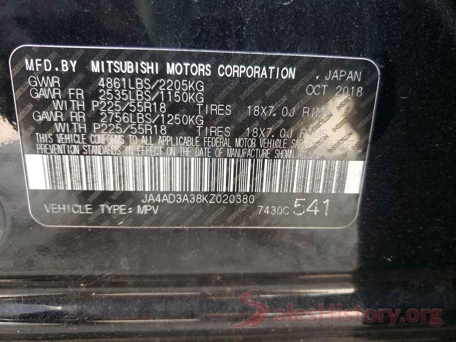 JA4AD3A38KZ020380 2019 MITSUBISHI OUTLANDER