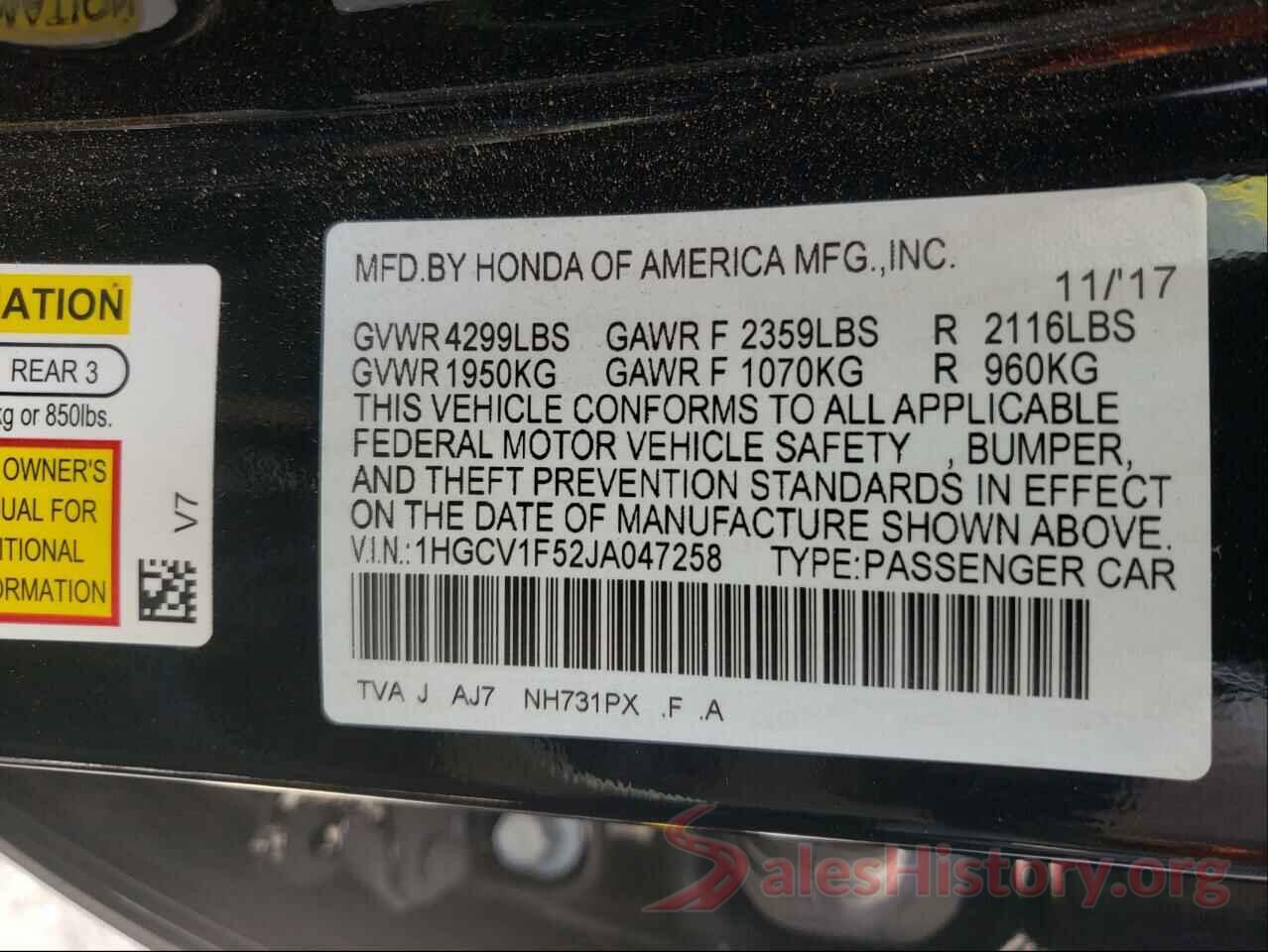 1HGCV1F52JA047258 2018 HONDA ACCORD