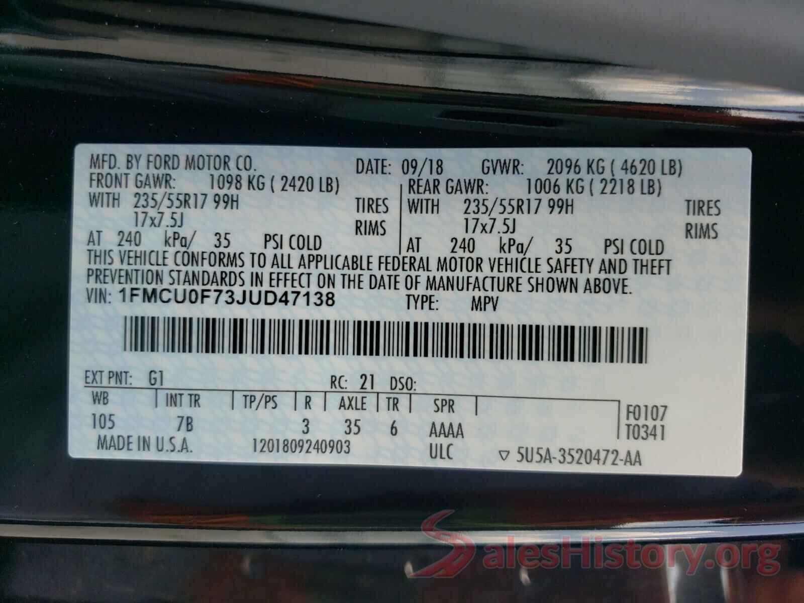 1FMCU0F73JUD47138 2018 FORD ESCAPE