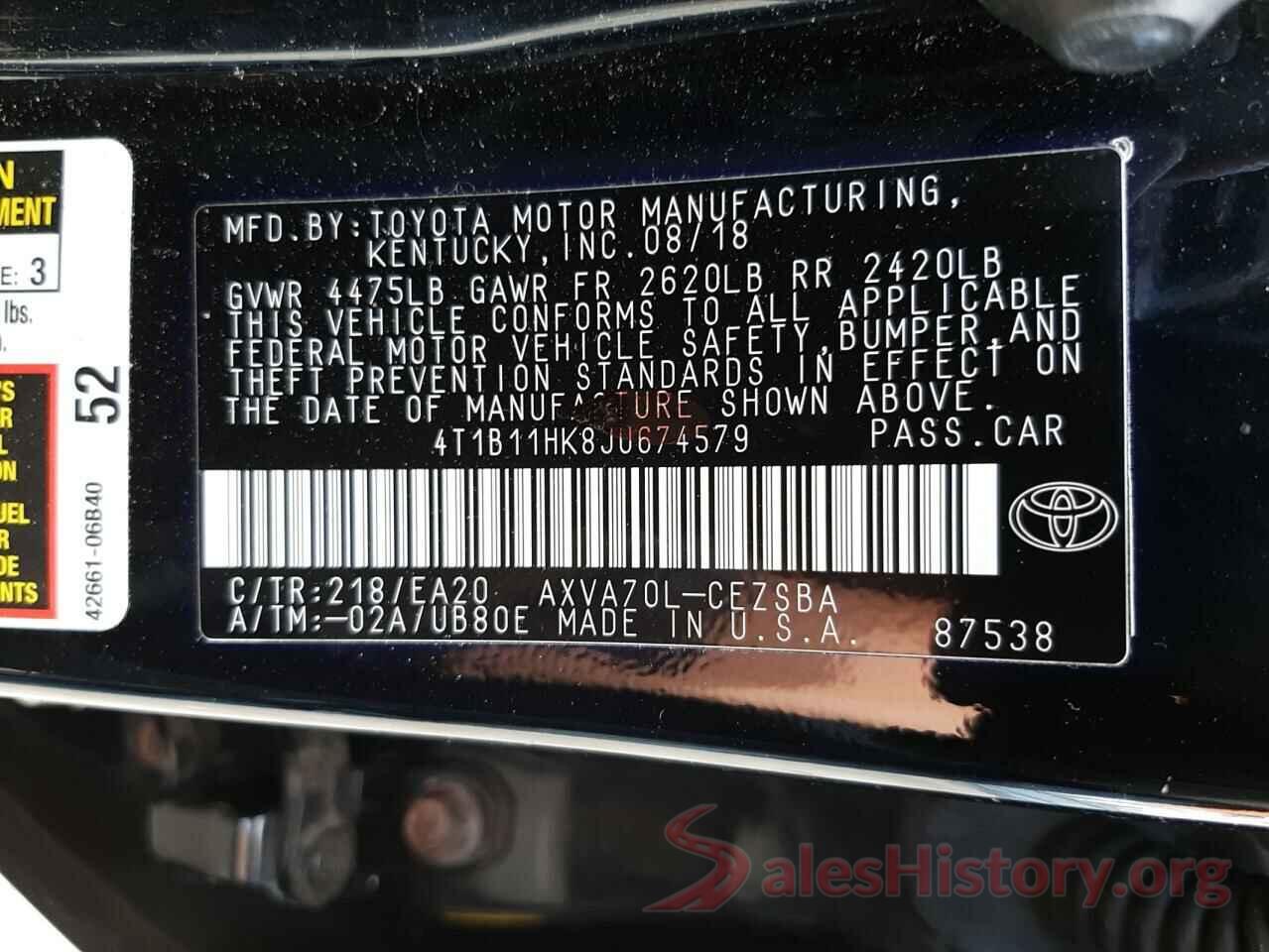 4T1B11HK8JU674579 2018 TOYOTA CAMRY