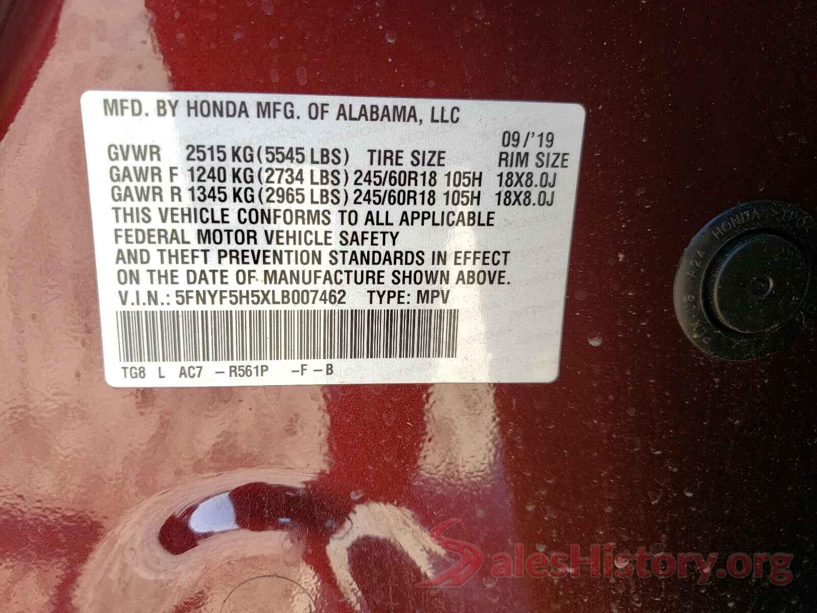 5FNYF5H5XLB007462 2020 HONDA PILOT