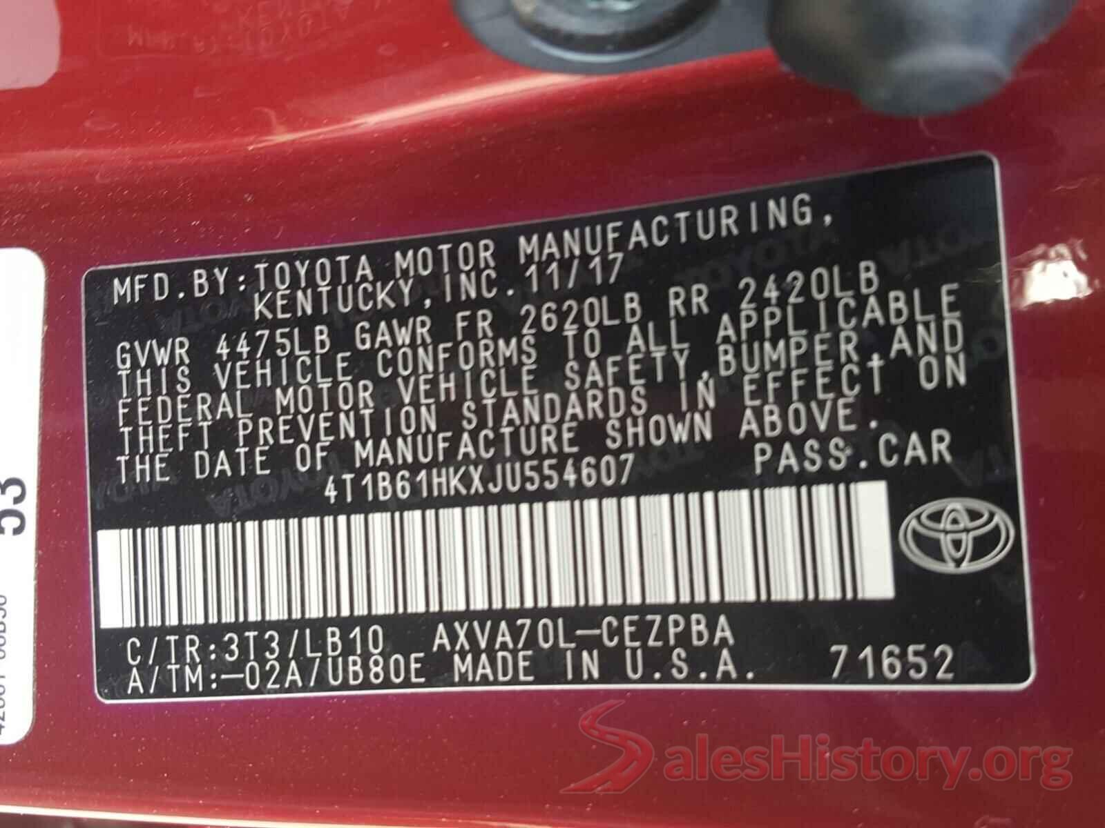 4T1B61HKXJU554607 2018 TOYOTA CAMRY