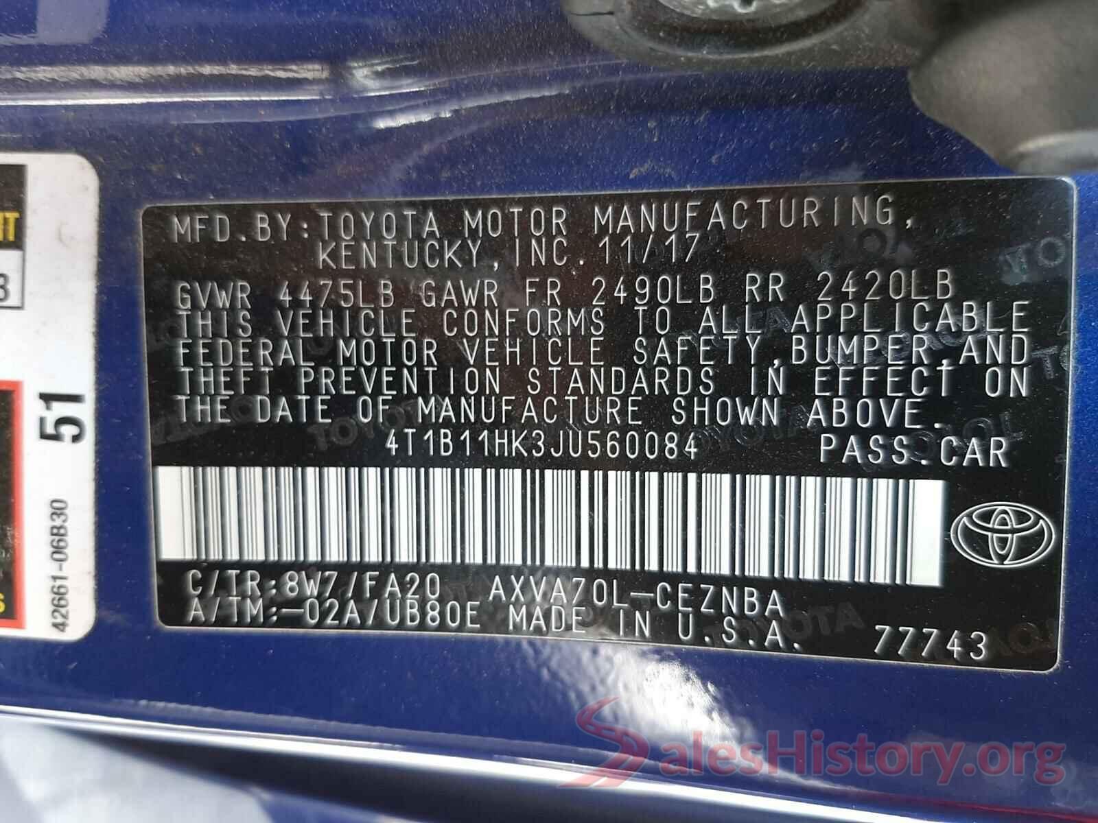 4T1B11HK3JU560084 2018 TOYOTA CAMRY